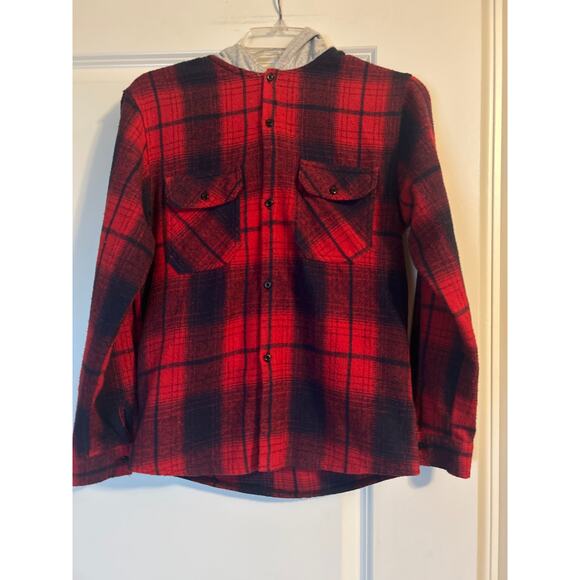 GUC Aimehonpe Boy's Red/Black Plaid Hoodie Flannel Shirt With Gray Hood Sz XL - Picture 1 of 5